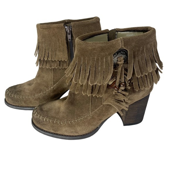 Sbicca Shoes - SBICCA Jessa‎ Brown Suede Western Cowgirl Rodeo Leather Fringe Heeled Booties